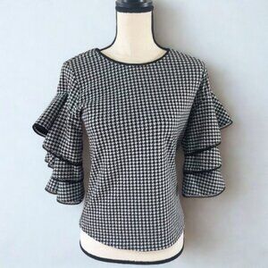 Eva Franco Houndstooth Ruffle Sleeve Top XS - Statement Bell Sleeve - EUC